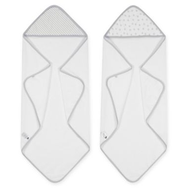 Just Born&reg; Pom Pom 2-Pack Hooded Towels in Grey/White. View a larger version of this product image.