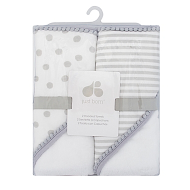Just Born&reg; Pom Pom 2-Pack Hooded Towels in Grey/White. View a larger version of this product image.