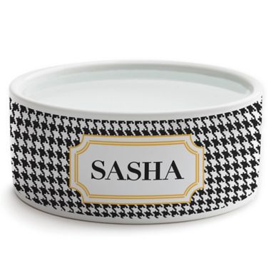 Personalized Planet Houndstooth Small Dog Bowl in Black. View a larger version of this product image.