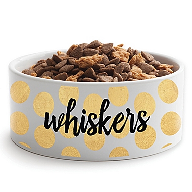 Personalized Planet Polka Dots Large Dog Bowl in Gold/White. View a larger version of this product image.