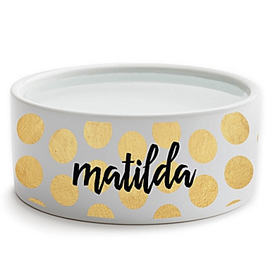 Personalized Planet Polka Dots Small Dog Bowl in Gold/White. View a larger version of this product image.