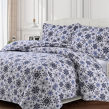 Tribeca Living Snowflakes Flannel King Duvet Cover Set in Dark Blue. View a larger version of this product image.