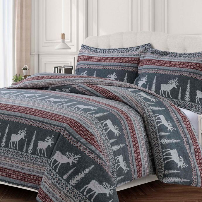 Tribeca Living Winter Reindeer Flannel Duvet Cover Set Bed Bath