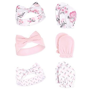 Hudson Baby&reg; Floral 6-Piece Headband and Scratch Mitten Set in Pink. View a larger version of this product image.