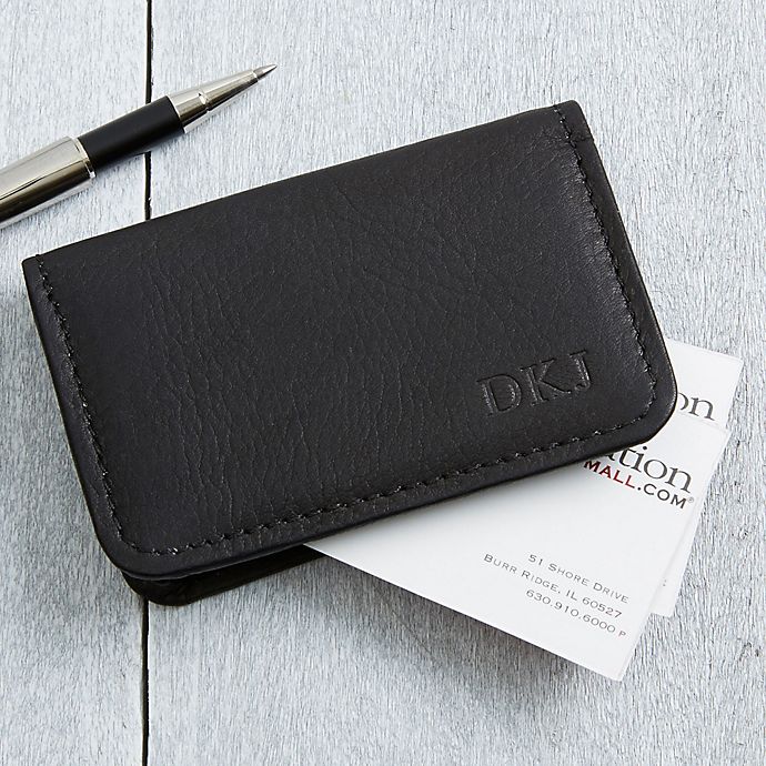 signature personalized black leather business card case