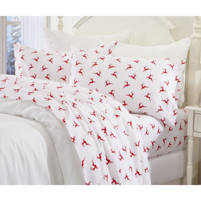 Great Bay Home Reindeer Flannel Sheet Set In Red White Bed Bath
