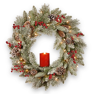 National Tree Company&reg; 24-Inch Snowy Bristle Berry Wreath with Battery-Operated Candle. View a larger version of this product image.