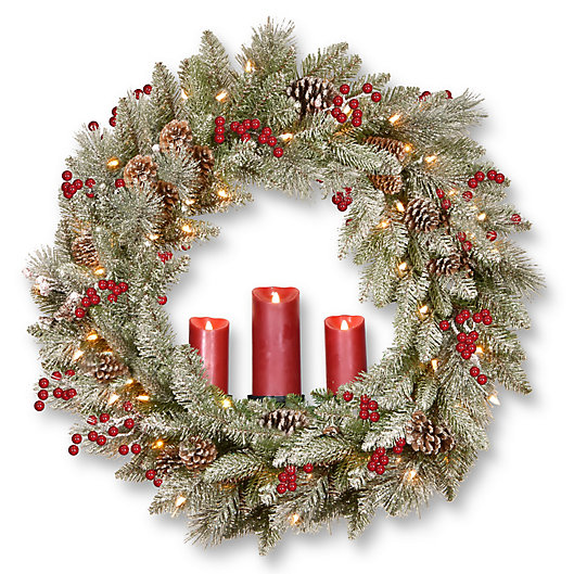 Alternate image 1 for National Tree Company® 36-Inch Snowy Bristle Berry Wreath with 3 Battery-Operated Candles