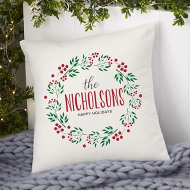 Christmas Wreath Personalized 14-Inch Square Throw Pillow. View a larger version of this product image.