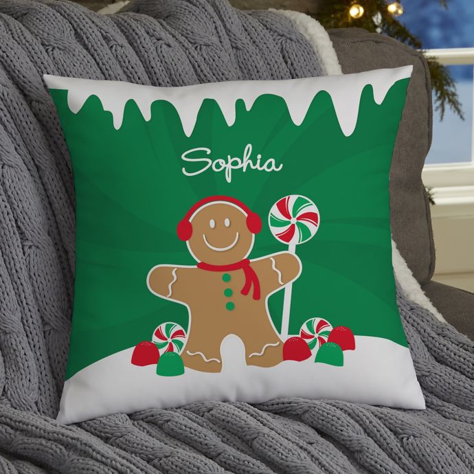 Gingerbread Family Personalized 14Inch Square Throw Pillow Bed Bath