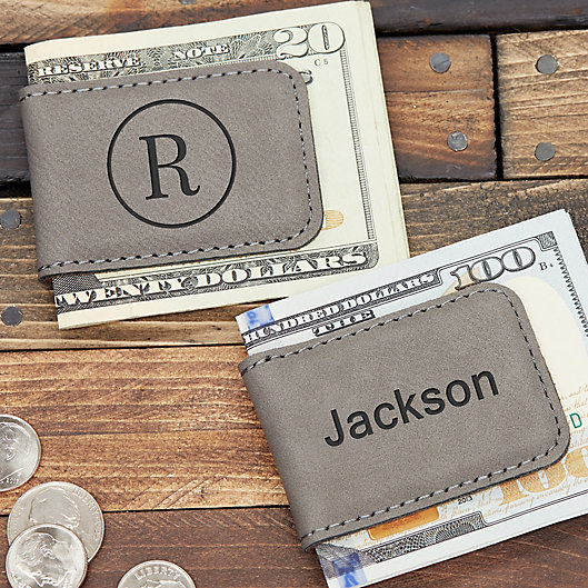 Alternate image 1 for Grey Leatherette Magnetic Personalized Money Clip