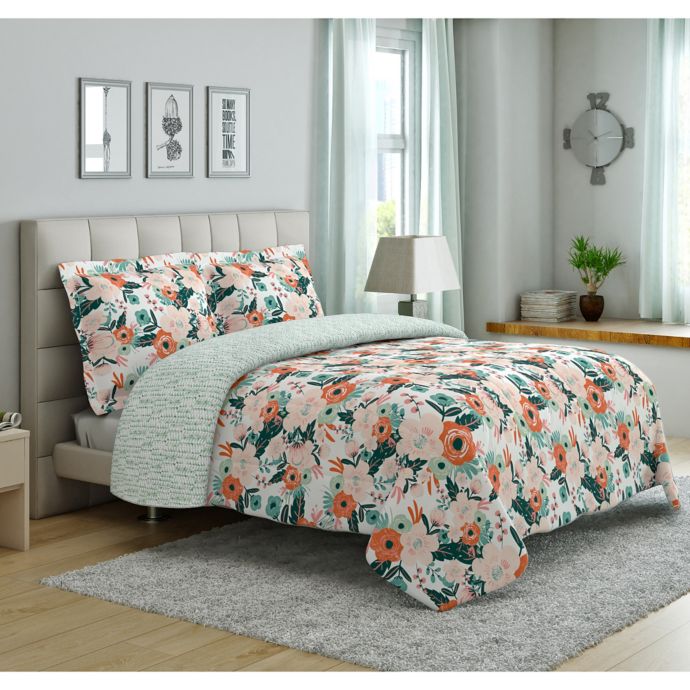 Peach Oak Cambridge Floral Print Reversible Comforter Set Bed