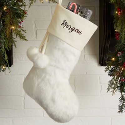 Embroidered Ivory Fur Christmas Stocking