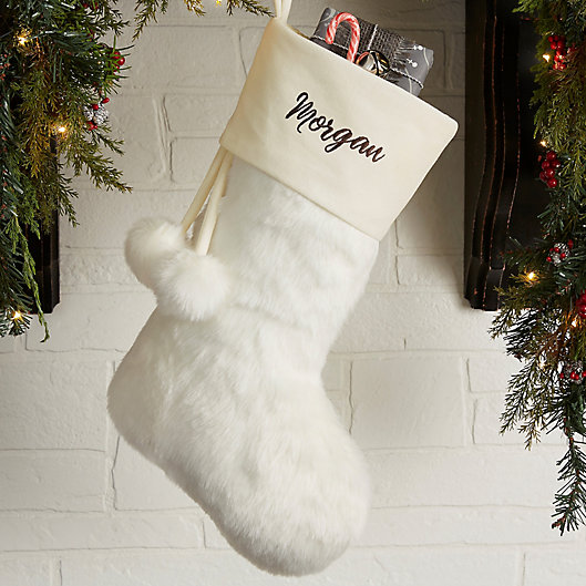 Alternate image 1 for Embroidered Ivory Fur Christmas Stocking