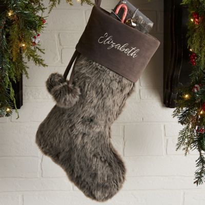 Embroidered Grey Fur Christmas Stocking