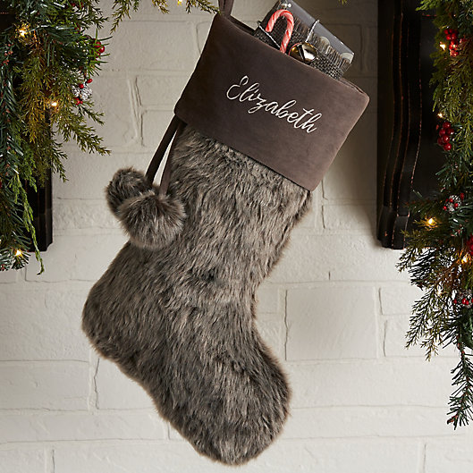Alternate image 1 for Embroidered Grey Fur Christmas Stocking
