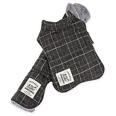Touchdog&reg; 2-in-1 Windowpane Plaid Large Dog Jacket with Reversible Dog Mat in Charcoal. View a larger version of this product image.