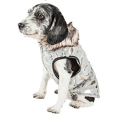 Pet Life&reg; Large Luxe Gold Wagger Gold-Leaf Designer Fur Dog Coat in Grey. View a larger version of this product image.