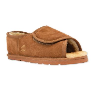 Lamo Luxury Size Large Open Toe Wrap Men's Slipper in Chestnut. View a larger version of this product image.