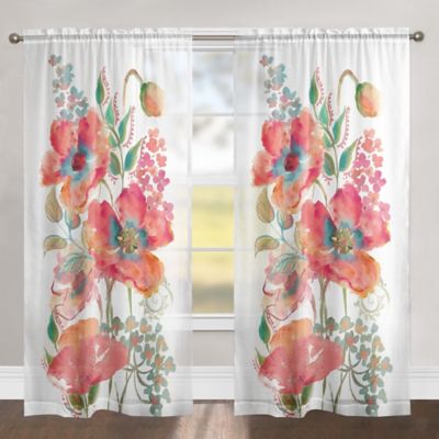 Laural Home Bohemian Poppies 84-Inch Rod Pocket Sheer Window Curtain Panel in Pink