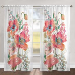 Laural Home Bohemian Poppies 84-Inch Rod Pocket Sheer Window Curtain Panel in Pink
