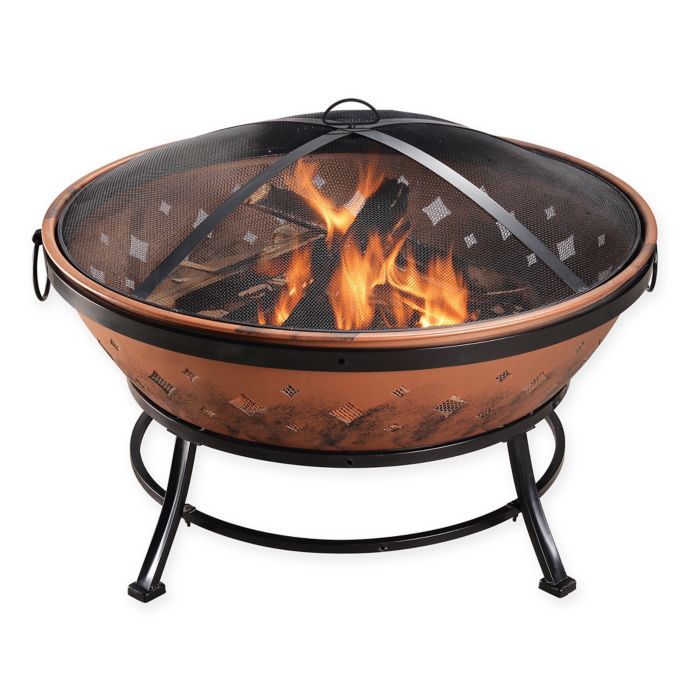 Round Steel Fire Pit With Protective Screen Cover In Copper Black