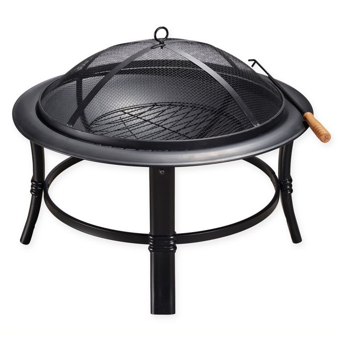 Round Steel Fire Pit With Protective Screen Cover In Black Bed