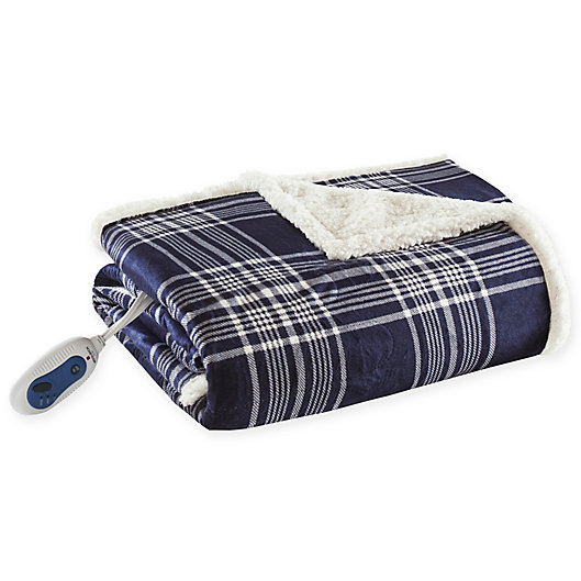 Alternate image 1 for Woolrich® Leeds Oversized Heated Mink/Berber Reversible Throw Blanket in Navy