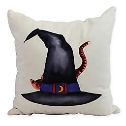E by Design Witches Brew Cat Behind the Hat Square Throw Pillow in Cream