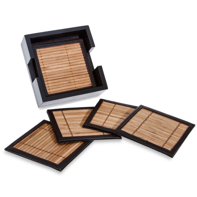 Bamboo and Leather Coasters with Holder (Set of 6) Bed Bath and