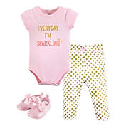 Little Treasures Size 0-3M 3-Piece Sparkling Short Sleeve Bodysuit, Pant and Shoe Set in Pink