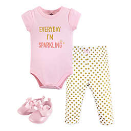 Little Treasures Size 9-12M 3-Piece Sparkling Short Sleeve Bodysuit, Pant and Shoe Set in Pink