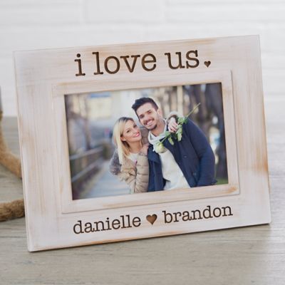 &quot;I Love Us&quot; Engraved White Washed Picture Frame