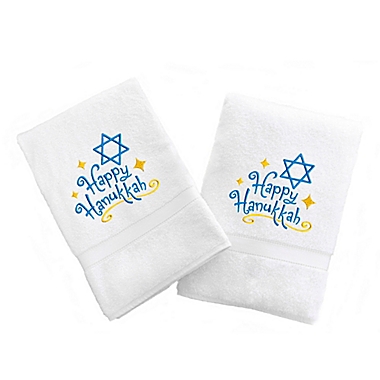 Linum Home Textiles Happy Hanukkah 2-Piece Hand Towel Set in White. View a larger version of this product image.