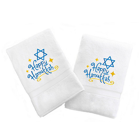 Alternate image 1 for Linum Home Textiles Happy Hanukkah Hand Towels in White (Set of 2)
