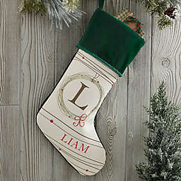 Holiday Wreath Monogrammed Christmas Stocking in Green