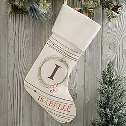 Holiday Wreath Monogrammed Christmas Stocking in Beige
