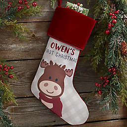 Baby Moose Personalized First Christmas Stocking in Burgundy