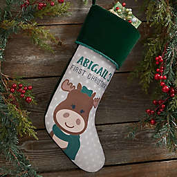 Baby Moose Personalized First Christmas Stocking in Green