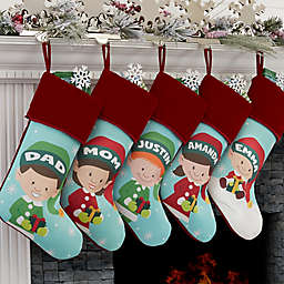 Christmas Elf Characters Personalized Christmas Stocking in Burgundy