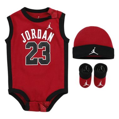 NIKE&reg; Jordan 0-6M 3-Piece 23 Jersey Set in Red. View a larger version of this product image.