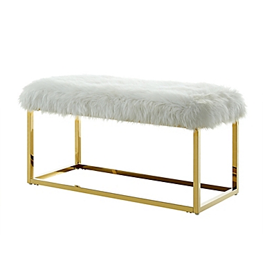 Inspired Home Faux Fur Willard Bench in White/Gold. View a larger version of this product image.