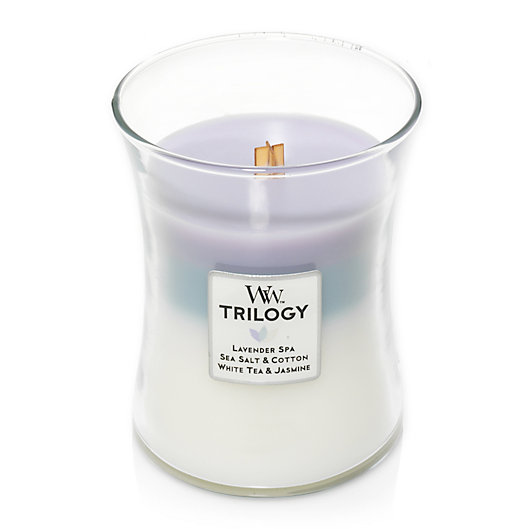 Alternate image 1 for WoodWick® Trilogy Lavender Spa, Seal Salt & Cotton and White Tea & Jasmine Jar Candle