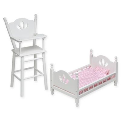 Badger Basket English Country Doll High Chair and Bed Set with Chevron Bedding in White