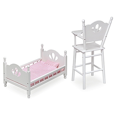 Badger Basket English Country Doll High Chair and Bed Set with Chevron Bedding in White. View a larger version of this product image.