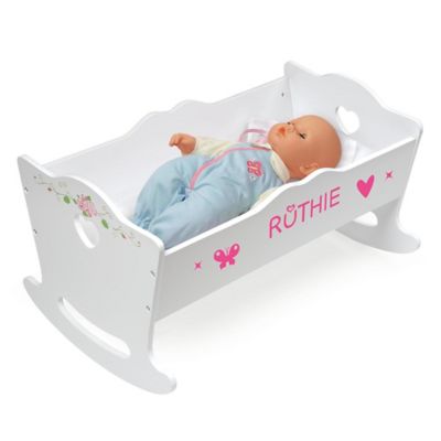 Badger Basket Doll Cradle with Bedding and Personalization Kit in White Rose