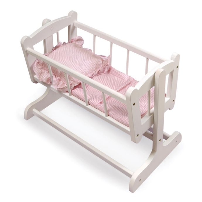 Heirloom Style Doll Cradle With Bedding With Hood In White Bed