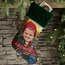 Holly Jolly Smile Personalized Photo Christmas Stocking in Green