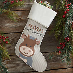 Baby Moose Personalized First Christmas Stocking in Beige