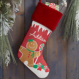 Gingerbread Characters Personalized Christmas Stocking in Burgundy